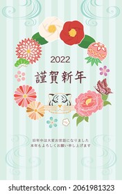New Year card template. Flowers and stripes.“Japanese：Happy new year.
thank you for your kindness last year.
I look forward to working with you this year too."