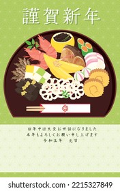 New Year card template. Japanese pattern and Japanese cuisine. “Japanese：happy new year.　thank you for your kindness last year.
I look forward to working with you this year too."