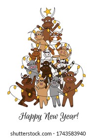 New Year card template. Merry Christmas. tree of bulls. New Year 2021 - Chinese calendar - Ox