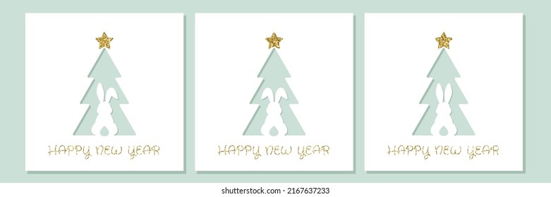 New Year card template in paper cut style. Rabbit on the background of the Christmas tree.