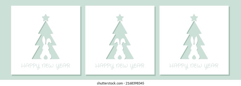 New Year card template in paper cut style. Rabbit on the background of the Christmas tree.