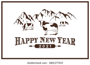 New Year card template. Ranch and cows. 