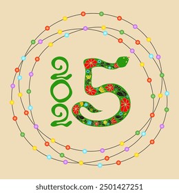 New Year card template for the Year of the Snake 2025 with isolated numbers 2025 and garland on beige background. Number 5 is depicted in form of green snake decorated with floral pattern. Vector.