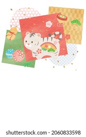 New Year card template. Tiger and New Year items. “Japanese：We would like to express our sincere gratitude for the New Year."