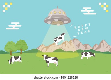 New Year card template. A UFO that swallows cows in the ranch. 