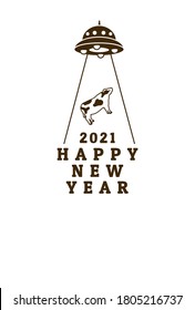 New Year card template. A UFO that swallows cows in the ranch. 