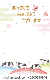 New Year card template.Japanese pattern and cows.
“Japanese：Happy New Year/cow”