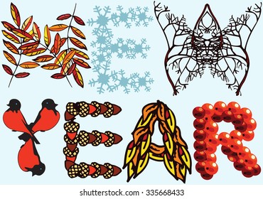 New Year card with Text. Vector Type with Elements of Winter Nature.