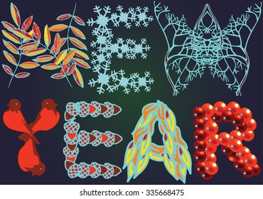 New Year card with Text. Vector Type with Elements of Winter Nature.