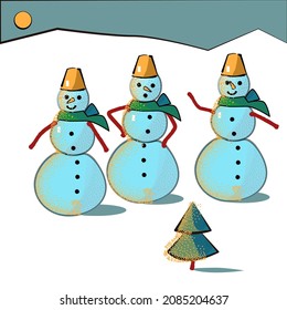 New Year card. Three snowmen on a winter night near a small festive Christmas tree. Children's illustration.