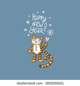 New Year card with tiger. Chinese calendar symbol. Vector holiday poster. Funny animal.