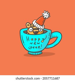 New Year card with tiger. Chinese calendar symbol. Vector holiday poster. Funny animal.