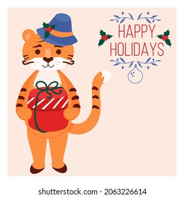 New Year card with a tiger in hat. Christmas card.