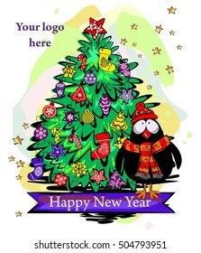 New Year card with tree and rooster vector 
