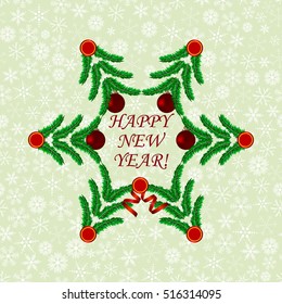New year card with tree, snowflakes, ribbon and balls. Vector illustration