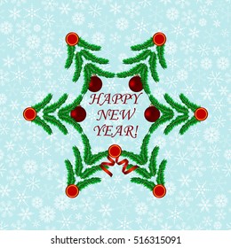 New year card with tree, snowflakes, ribbon and balls. Vector illustration