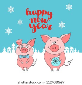 New Year card. Two cartoon pigs against the background of snow-covered houses and the inscription "Happy New Year"