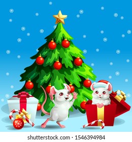 New Year card with two white cheerful and cute mice and gift box with a fir-tree with spheres and star and Candy cane on blue with snowflakers. A vector illustration in cartoon 3d style