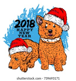 New Year card with two yellow puppies. Vector illustration EPS 10.