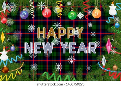 New Year card using Urquhart clan tartan image. Imitation of tartan weaving 