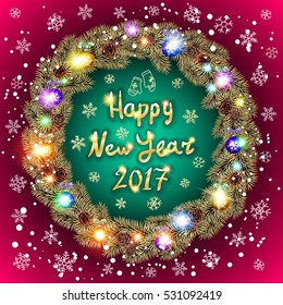 New Year Card. Vector 2017 gold wreath art