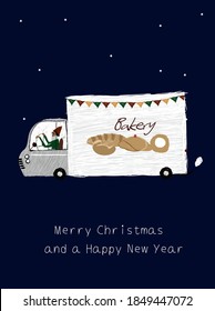 
New Year card. Vector illustration with a truck with pastries for postcard, print, design, style.