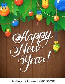 New Year Card. Vector illustration with Christmas Tree and Toys