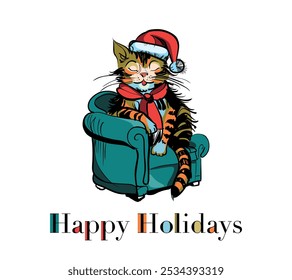 New Year card. Vector illustration. Cat in Santa hat sitting on armchair. Colourful inscription "Happy Holidays".