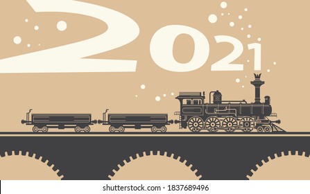 New Year Card With A Vintage Steam Locomotive Train. Vector Illustration