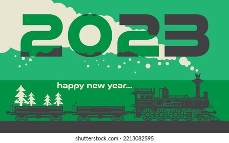 New Year card with a vintage steam locomotive train. Vector illustration