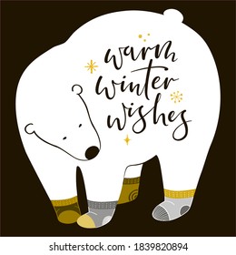 New Year card. Warm winter wishes.Polar bear in socks and a Christmas wish