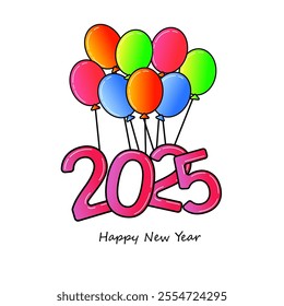 A New Year card with a white background, bold pink 2025 at the center colorful balloons floating above and Happy New Year below in black creating a festive cheerful design