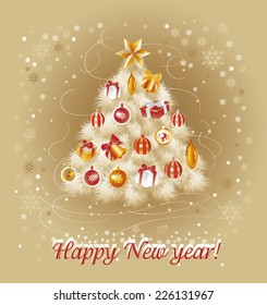 New year card. white fluffy Christmas tree with toys, balls and gifts on a light background
Happy New year. Vector illustration.
