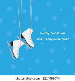 New Year card with white skates hanging on laces. Merry Christmas
concept. Winter equipment or attribute isolated on blue background. Vector illustration.