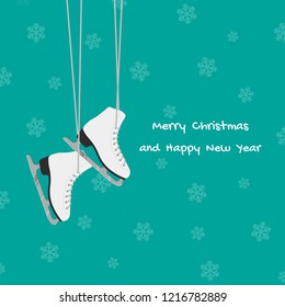 New Year card with white skates hanging on laces. Merry Christmas
concept. Winter equipment or attribute isolated on blue background. Vector illustration.
