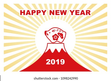 New year card with wild boar doll and Fuji mountain for year 2019