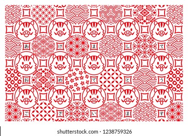 new year card with wild boars and Japanese design. Japanese words mean Happy New Year.  Happy New Year in Japanese are akemashite omedeto gozaimasu.