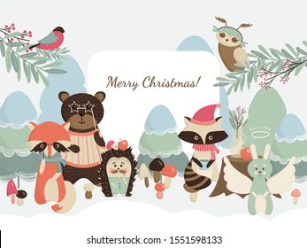 New year card with winter forest animals.