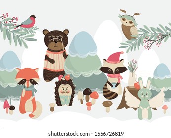 New year card with winter forest animals.