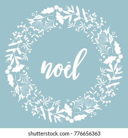 New Year  card with wreath on blue background.