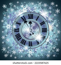 Tarjeta de año nuevo con reloj de navidad, ilustración vectorial