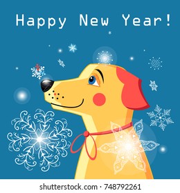 New Year  card with a yellow dog and snowflakes on a blue background