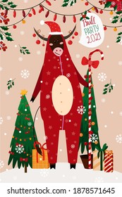 New Year card with zodiac bull in red pajamas for 2021. Vector illustration of a bull on a beige background with a Christmas tree and gifts