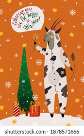 New year card with zodiac goat in pajamas in the form of a cow for 2021.Vector illustration of a goat on an orange background with a christmas tree