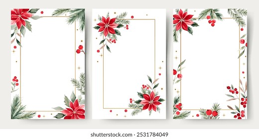 New year cards. Christmas frames with watercolor flowers, fir branches, berries, snowflakes and place for text. 