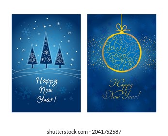 New Year cards with Christmas trees, snowflakes, Christmas tree boll. Illustration for New Year souvenirs. Сurls pattern.
