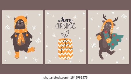 
New Year cards with cute animals. Postcard with a deer and a bear. Vector illustration.