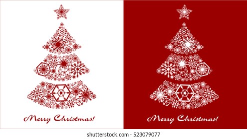 New Year cards. Festive Christmas tree on a white and red background