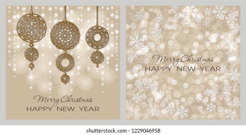 New Year cards in gold. Merry Christmas and Happy New Year. Two backgrounds with luminescent glow, shiny garlands and christmas decorations.
