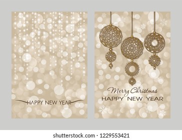 New Year cards in gold. Merry Christmas and Happy New Year. Two backgrounds with luminescent glow, shiny garlands and christmas decorations.